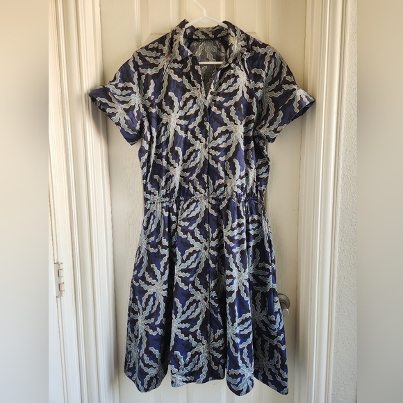 Brooks Brothers by Zac Posen Navy Leaf Print Midi Shirt Dress Size 14P - Picture 2 of 10